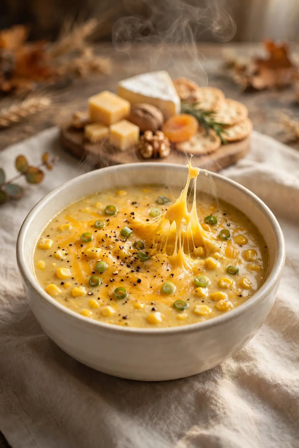 Golden corn soup with melted cheddar and scallions