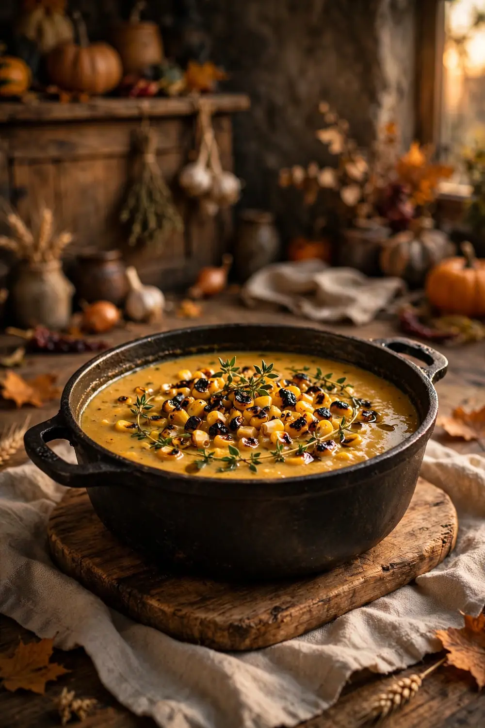 Roasted corn soup in a cast iron pot with thyme