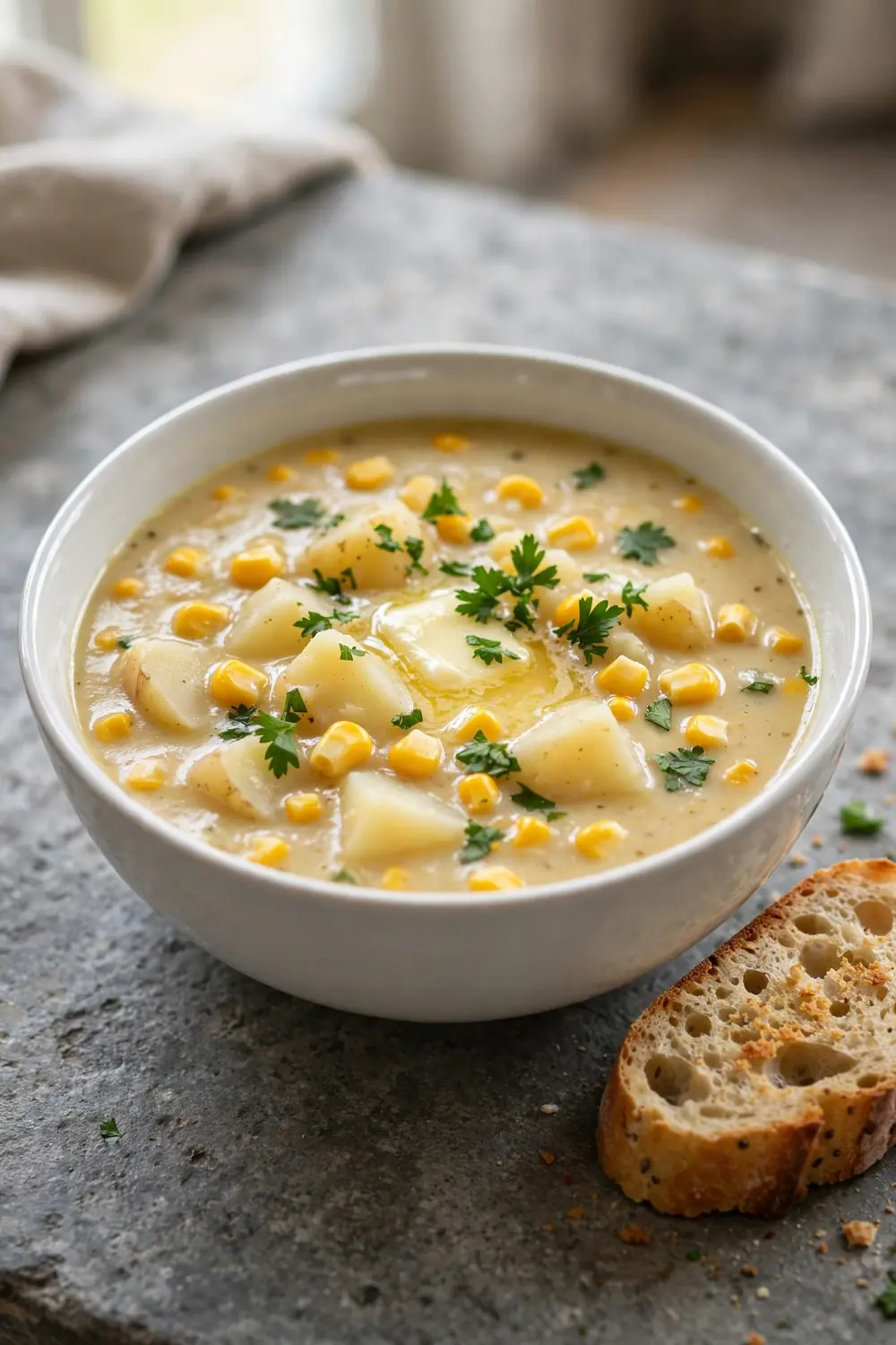 Thick potato corn soup with butter melting on top