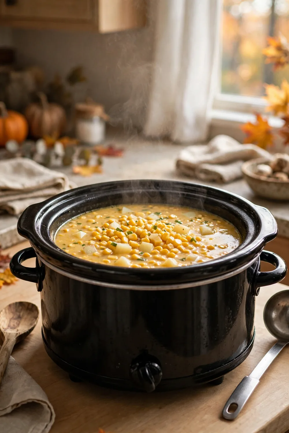 Slow cooker corn soup in a black crockpot
