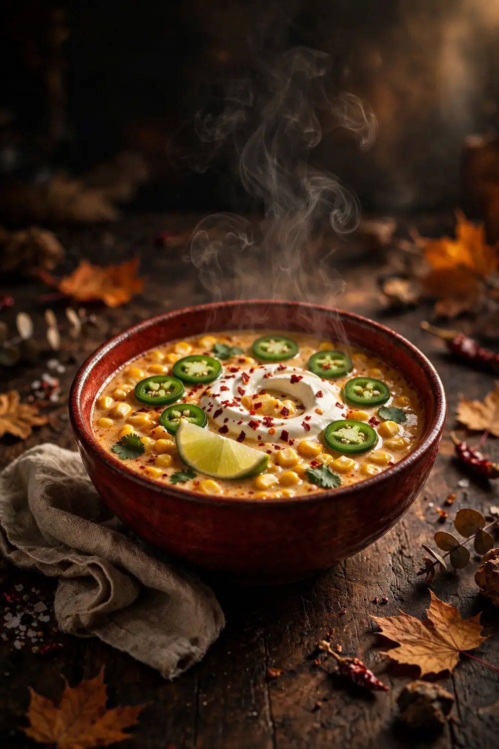 Spicy corn soup with jalapenos and lime