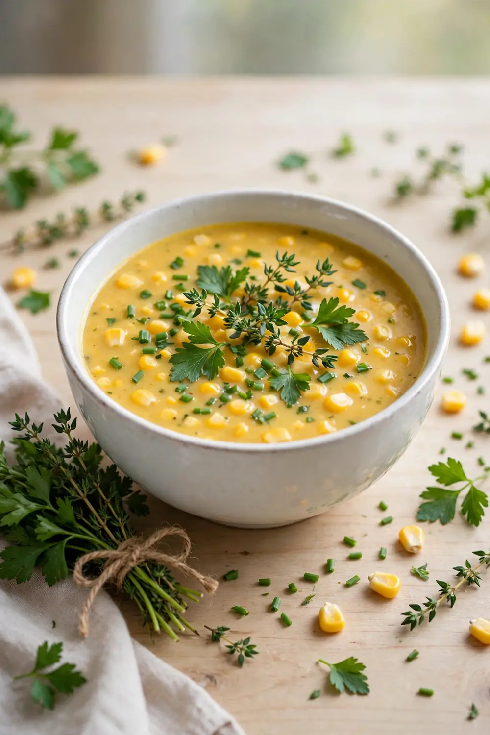 Corn soup topped with fresh garden herbs
