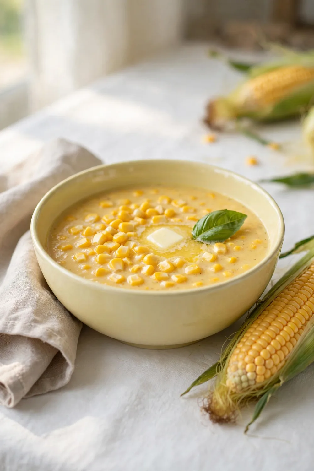 Sweet corn soup with butter and basil