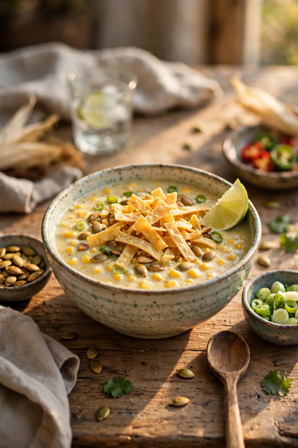 Corn soup bowl with tortilla strips and toppings