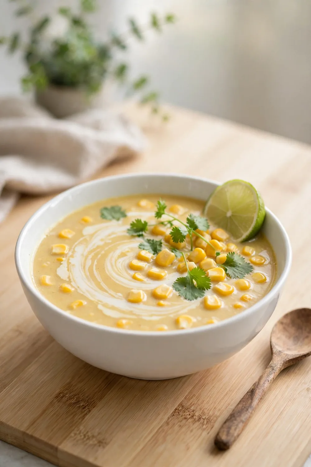 Dairy free corn soup with coconut milk swirl