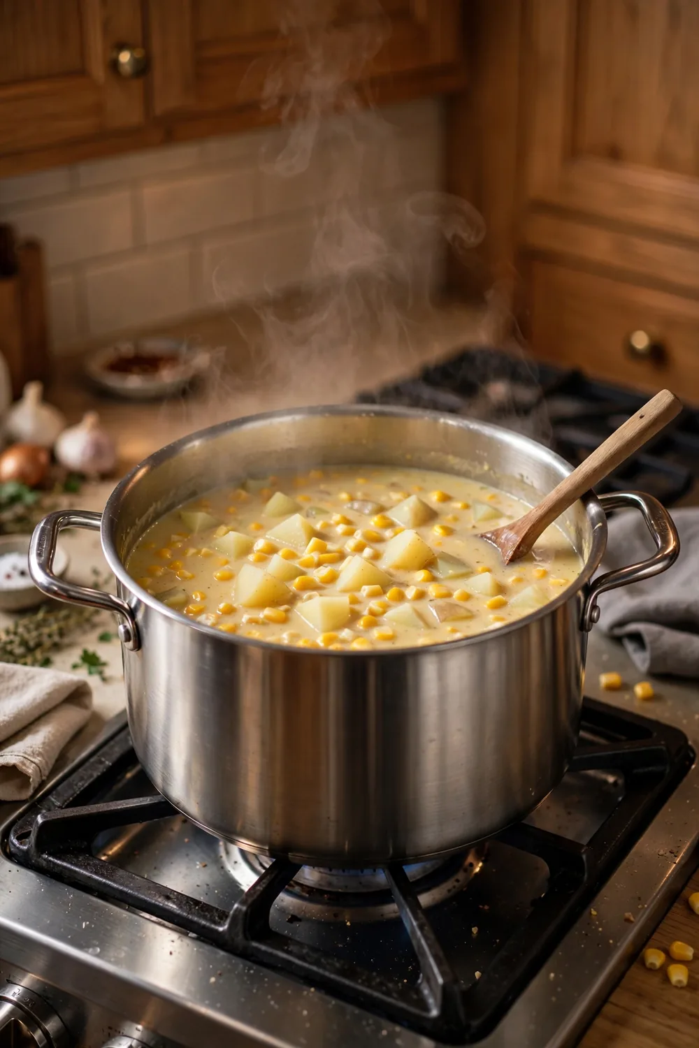 One pot corn soup in a steel pot on a stove