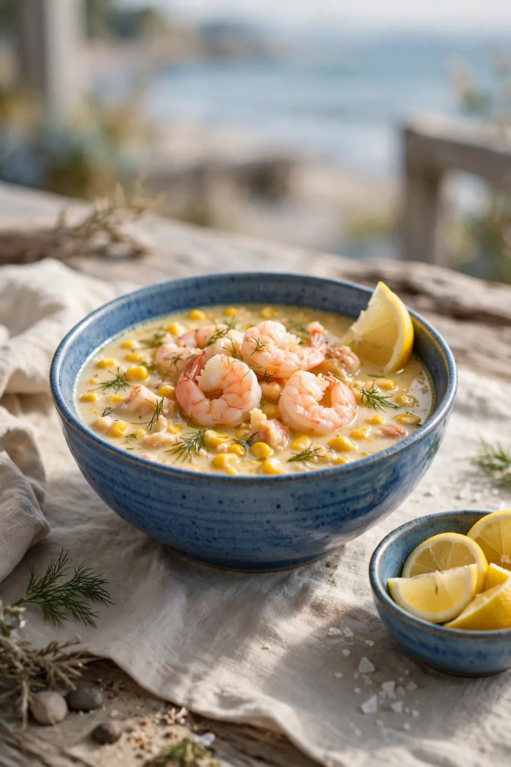 Corn soup with shrimp and lemon