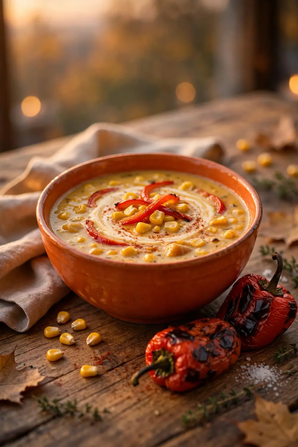 Roasted pepper corn soup in an orange bowl