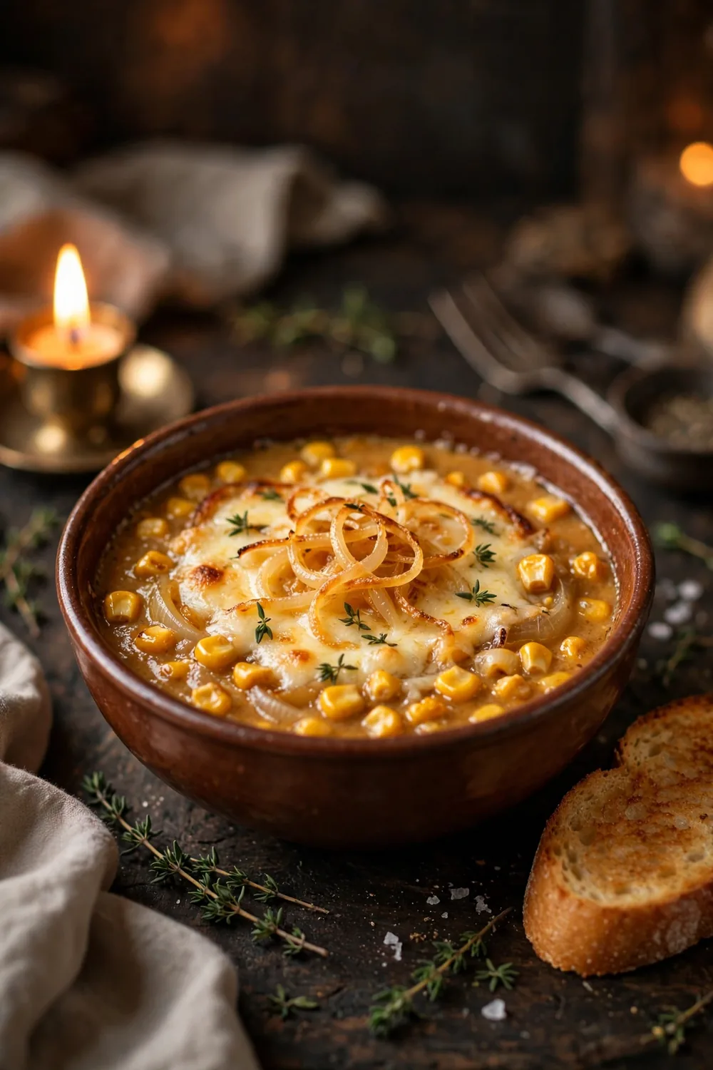 Corn soup with caramelized onions and gruyere