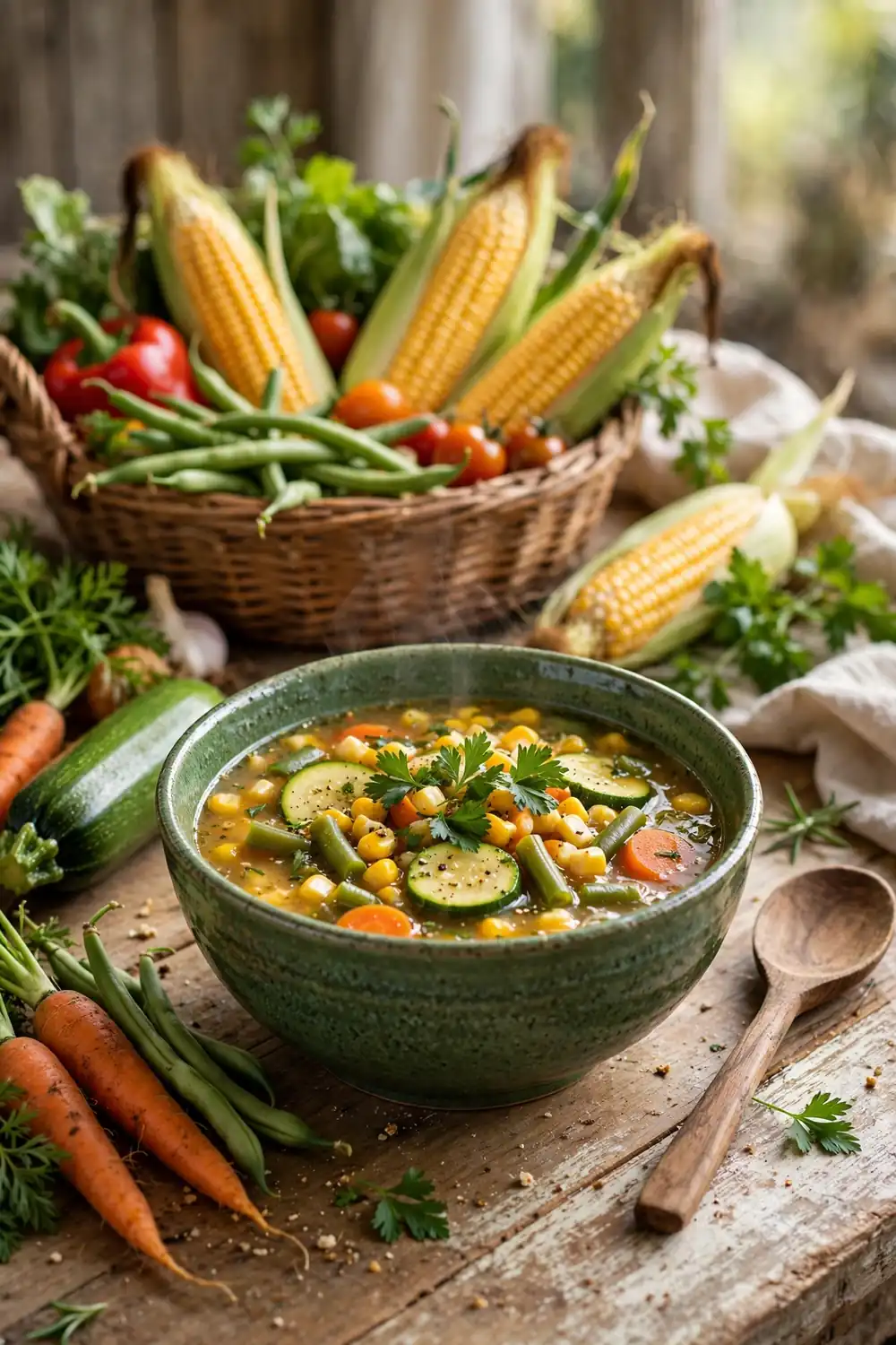 Garden vegetable corn soup in a green bowl