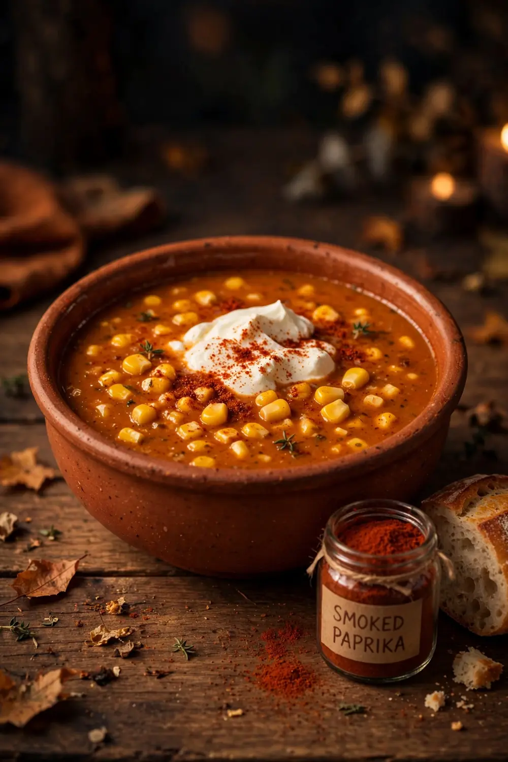 Smoked paprika corn soup with sour cream