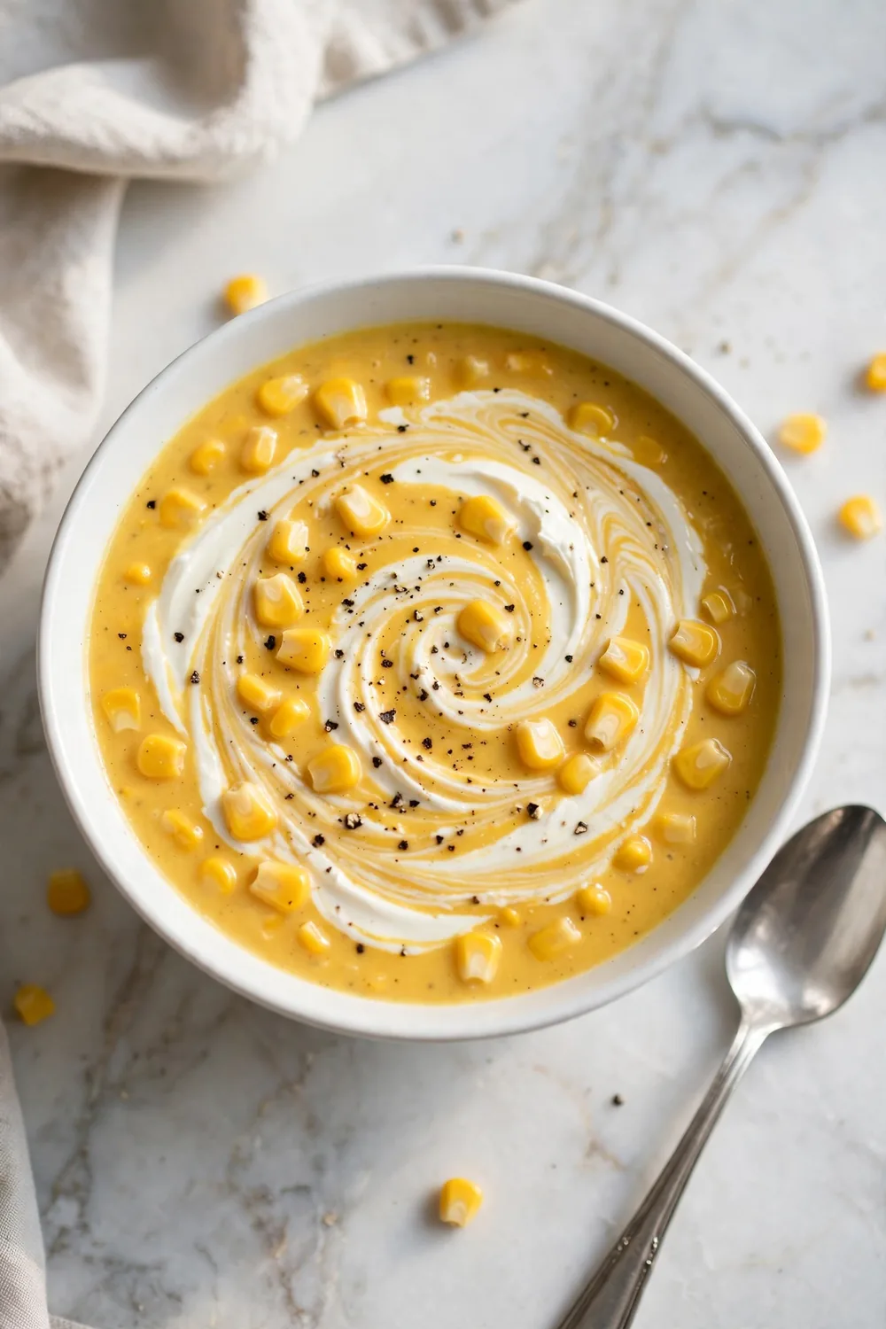 Corn soup with cream cheese swirl ribbons