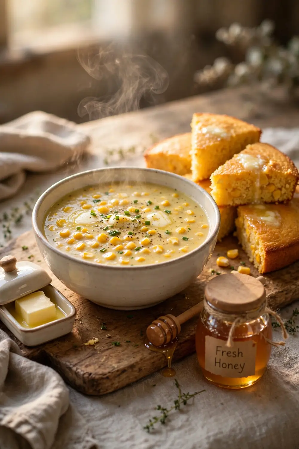Corn soup beside golden cornbread wedges