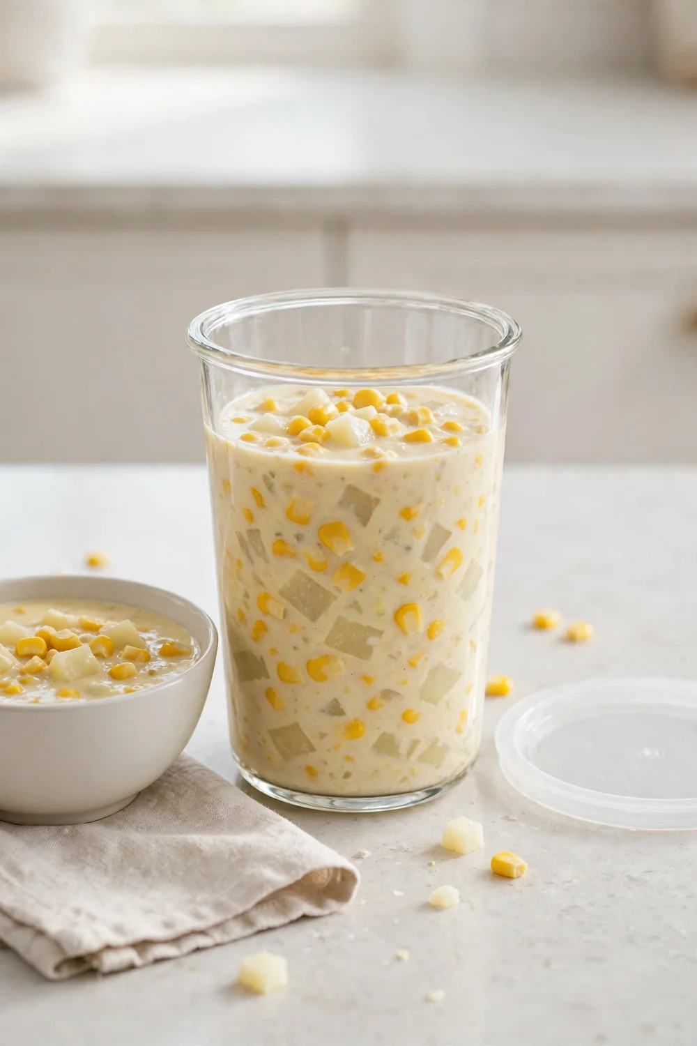 Freezer corn soup base in a glass container
