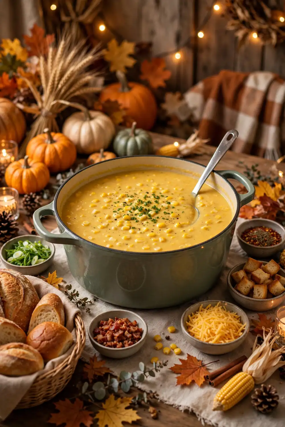 Fall gathering corn soup in a large serving pot
