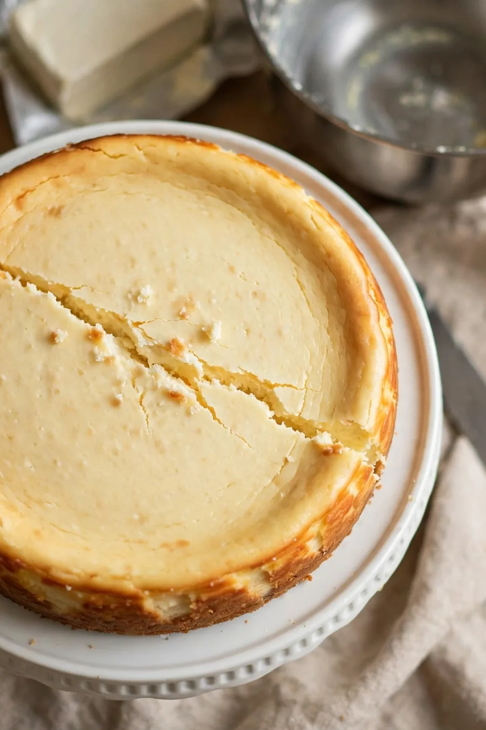 Round cheesecake with a crack across the top on a cake stand