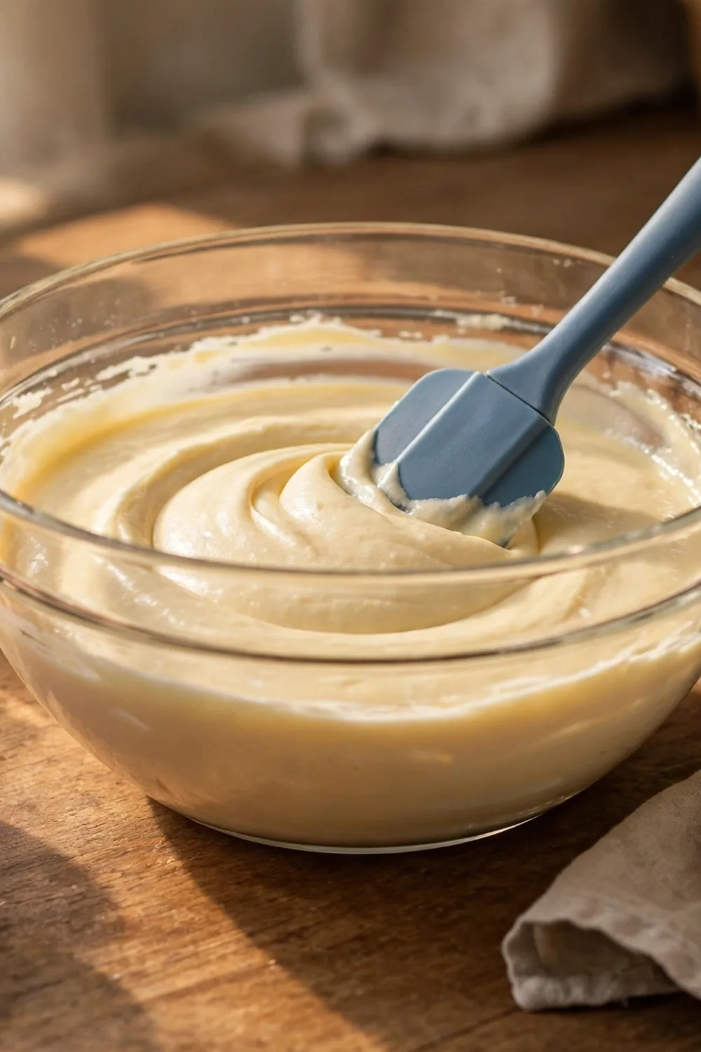 Spatula folding smooth cheesecake batter in a glass bowl