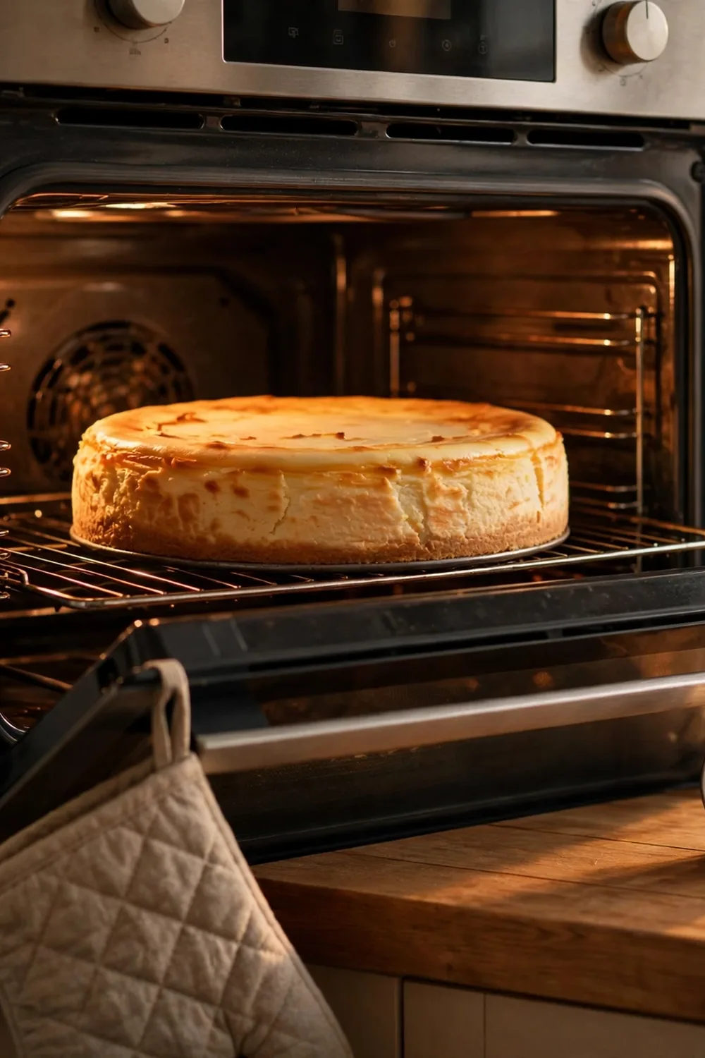 Round cheesecake baking in an oven