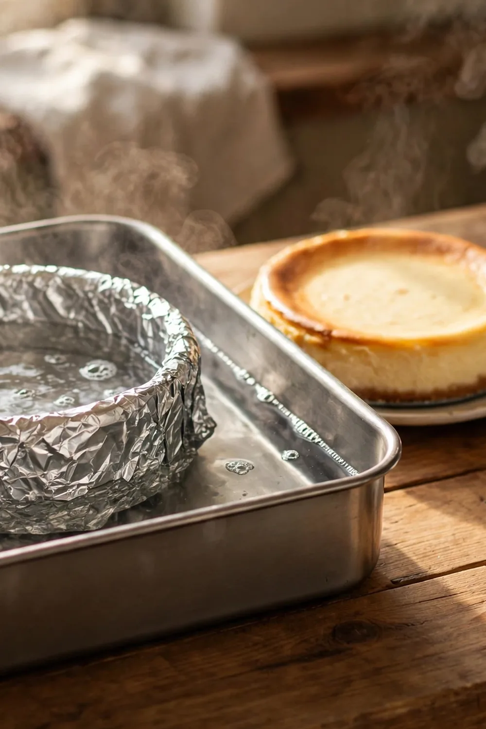 Springform pan in a roasting pan of hot water