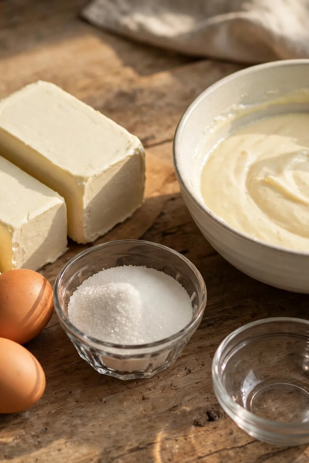 Full fat cream cheese with eggs, sugar, and vanilla beside batter
