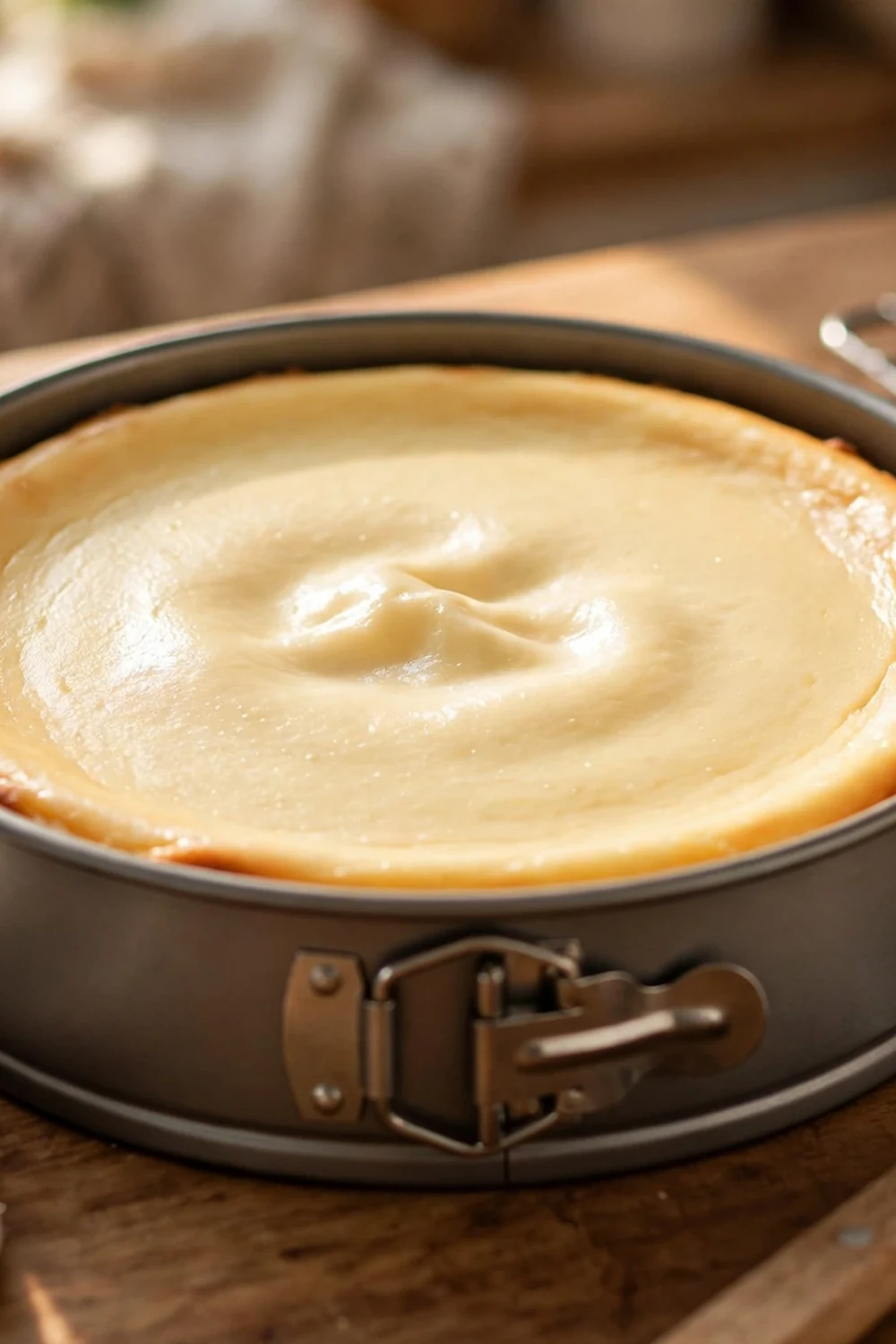 Round cheesecake with a slight jiggle in the center in a pan