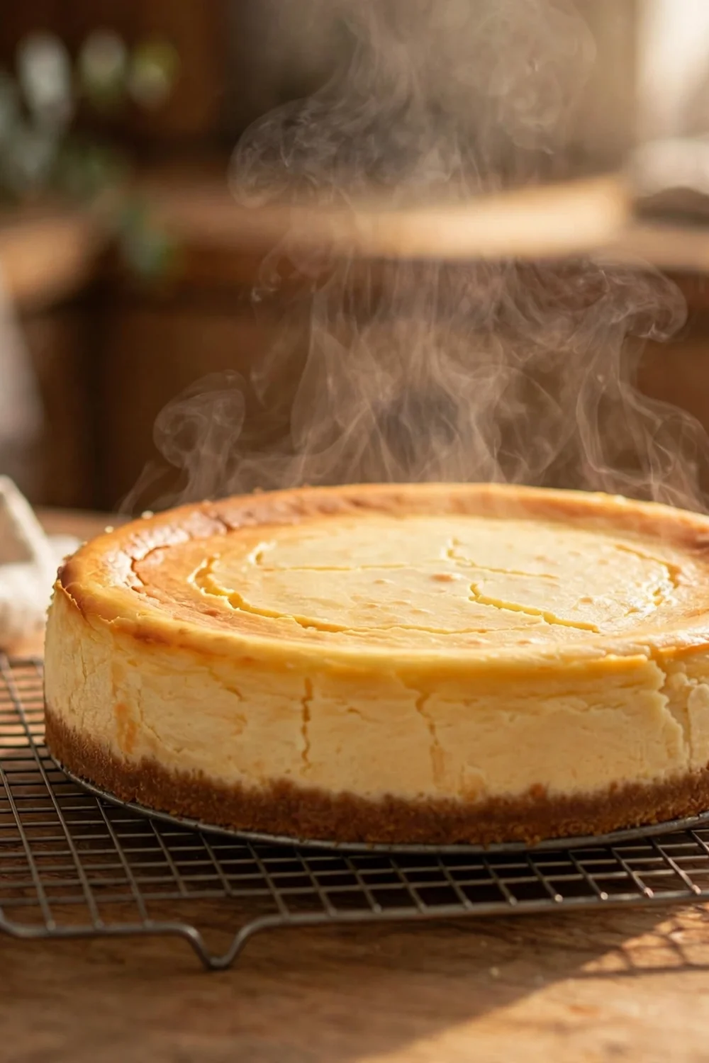 Round cheesecake cooling on a wire rack