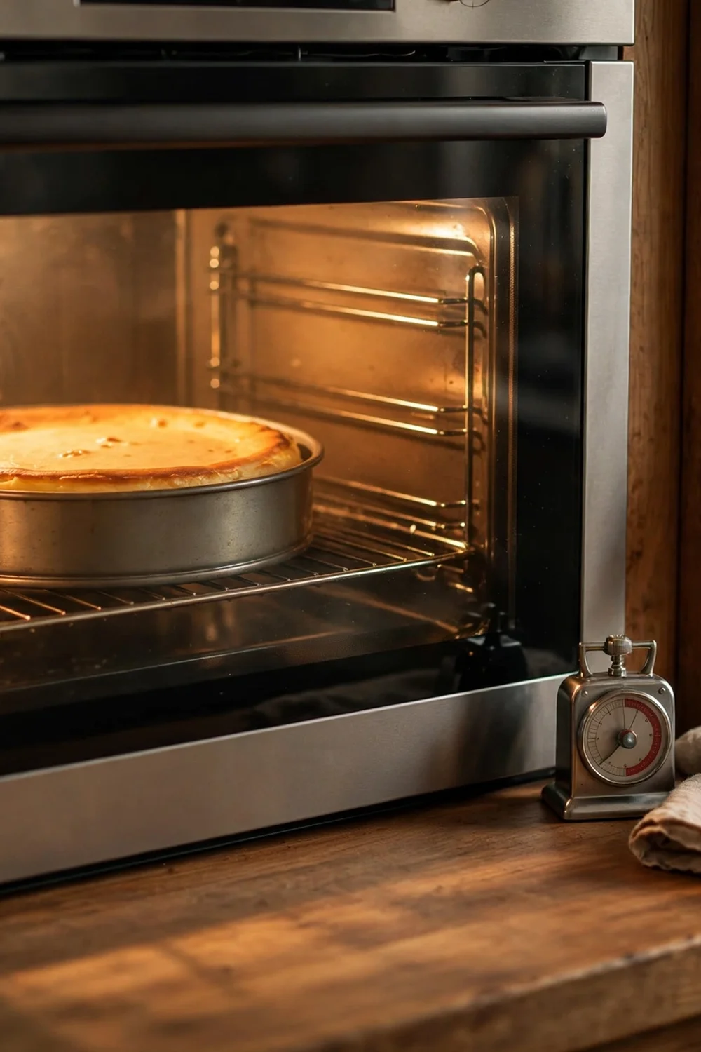 Closed oven door with a cheesecake baking inside