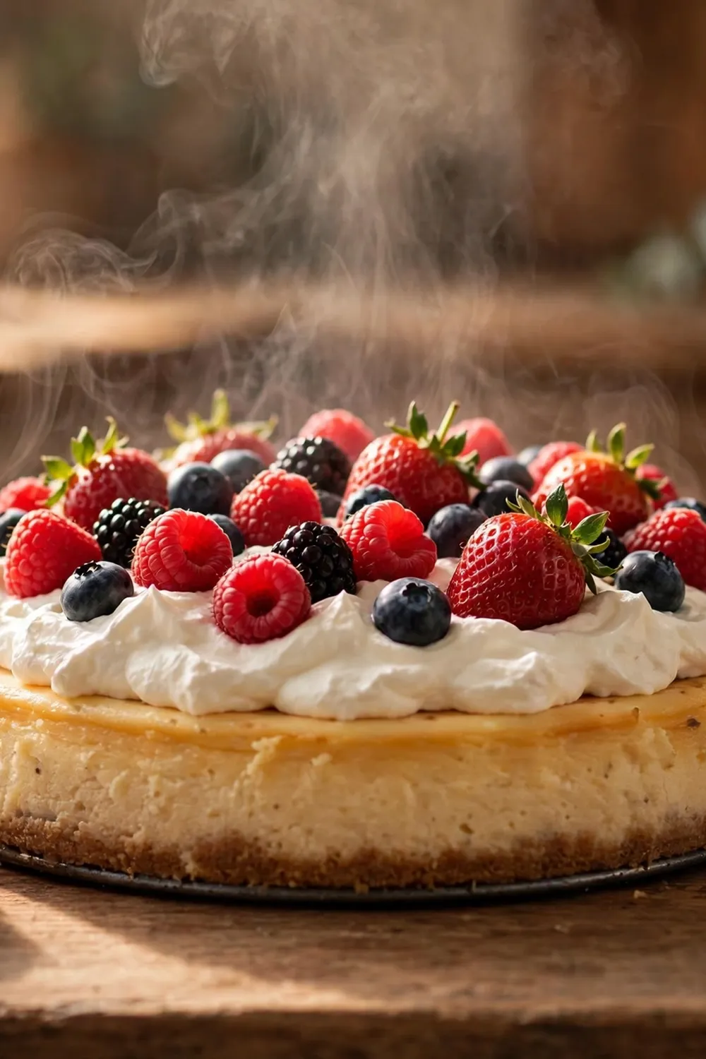 Round cheesecake topped with berries and whipped cream