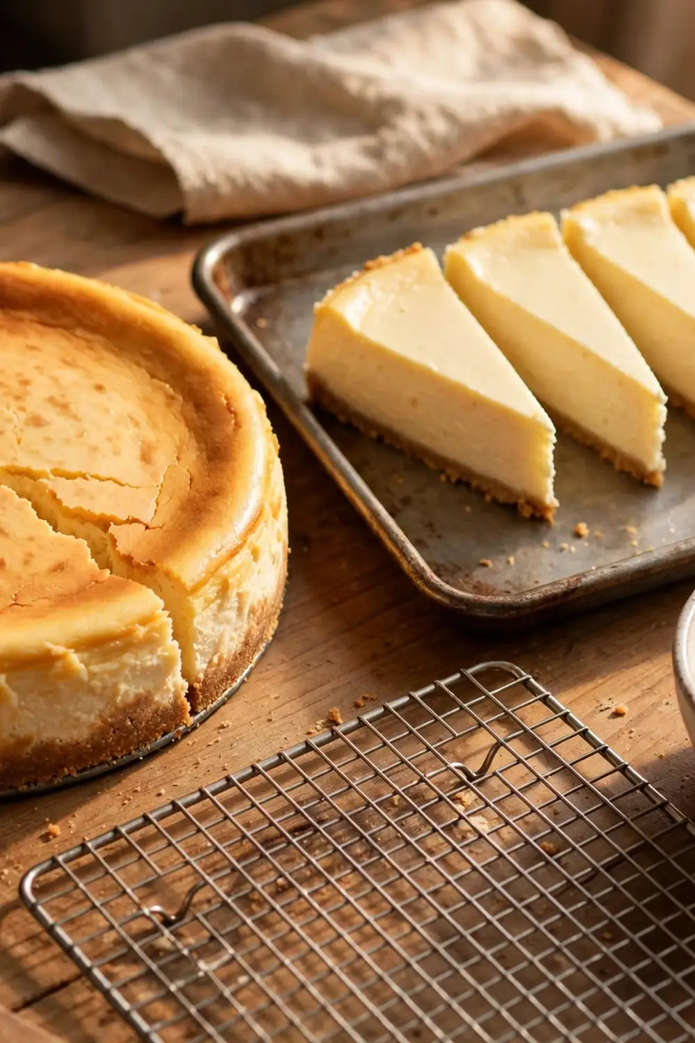 Round cheesecake with a crack beside smooth cheesecake slices