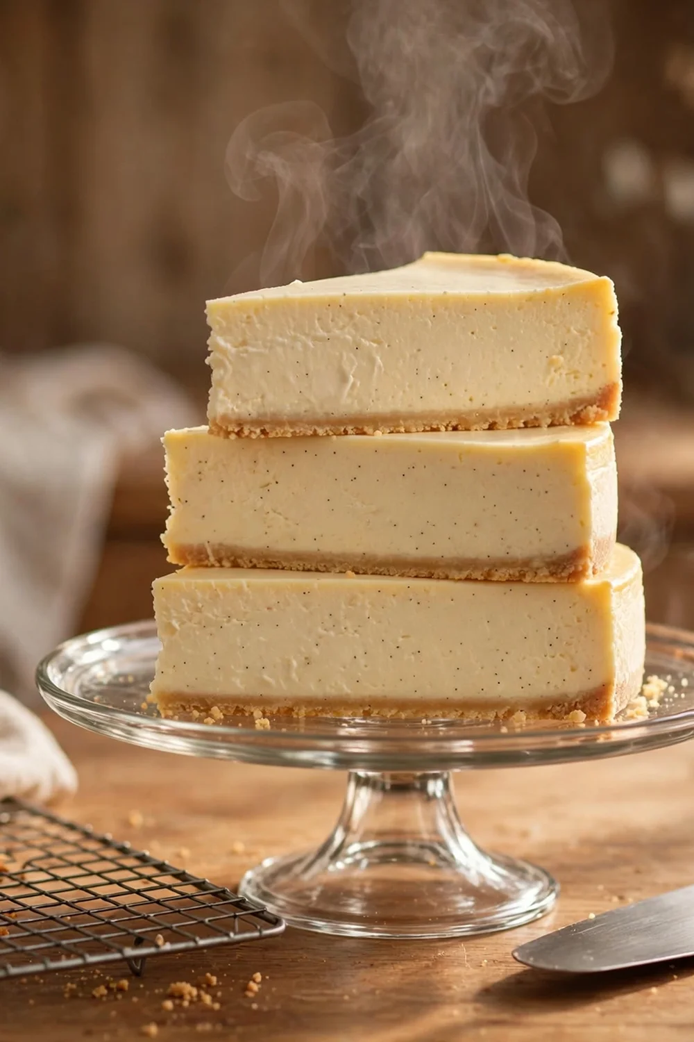 Smooth cheesecake slices stacked on a cake stand