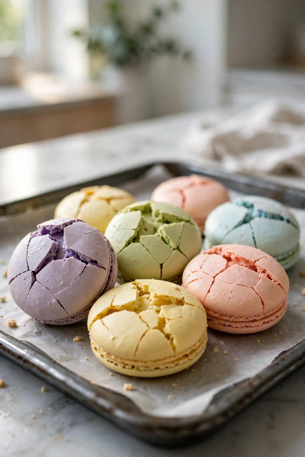 cracked macarons with fine cracks across pink shells on a baking sheet