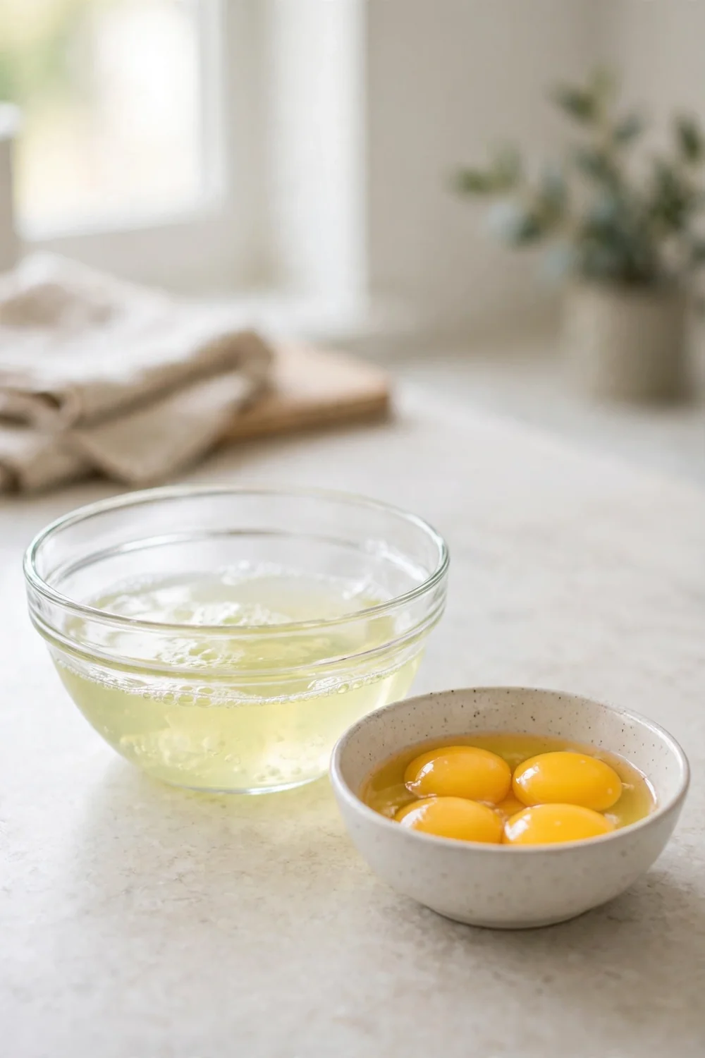 Egg whites in a glass bowl beside a carton of eggs on a kitchen counter