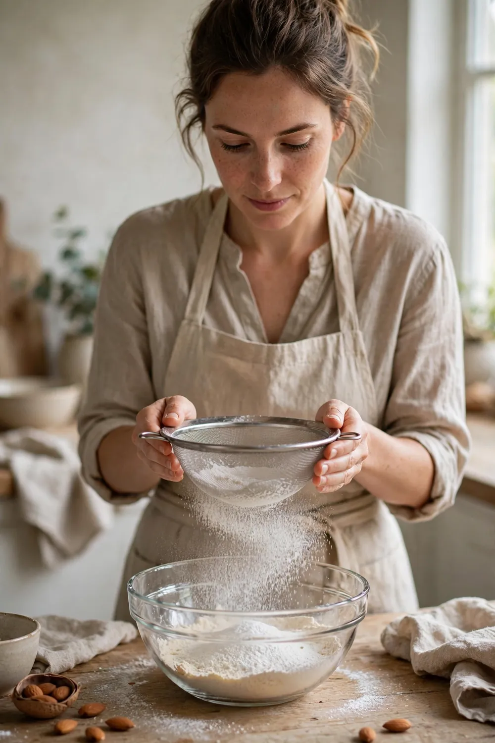 Almond flour falling through a sieve into a glass bowl on a counter