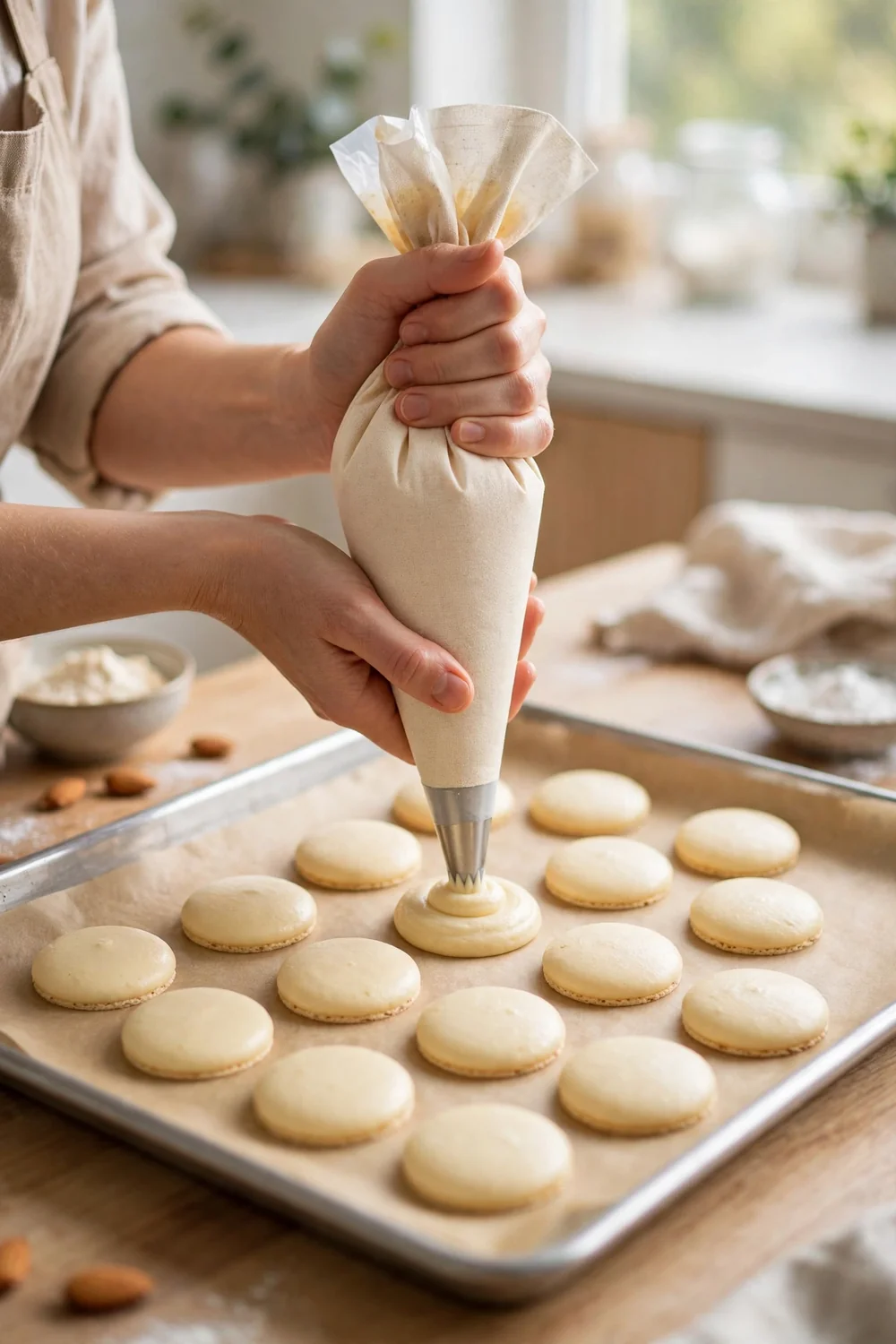 Piping bag piping neat pink macaron rounds onto a parchment lined baking sheet