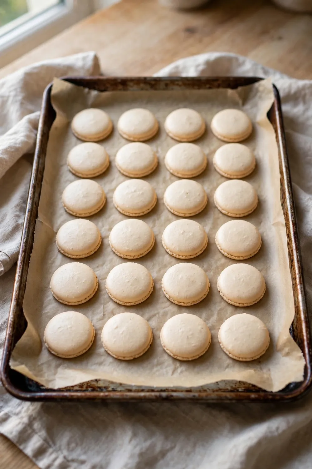 Tray of piped macaron shells resting on parchment paper