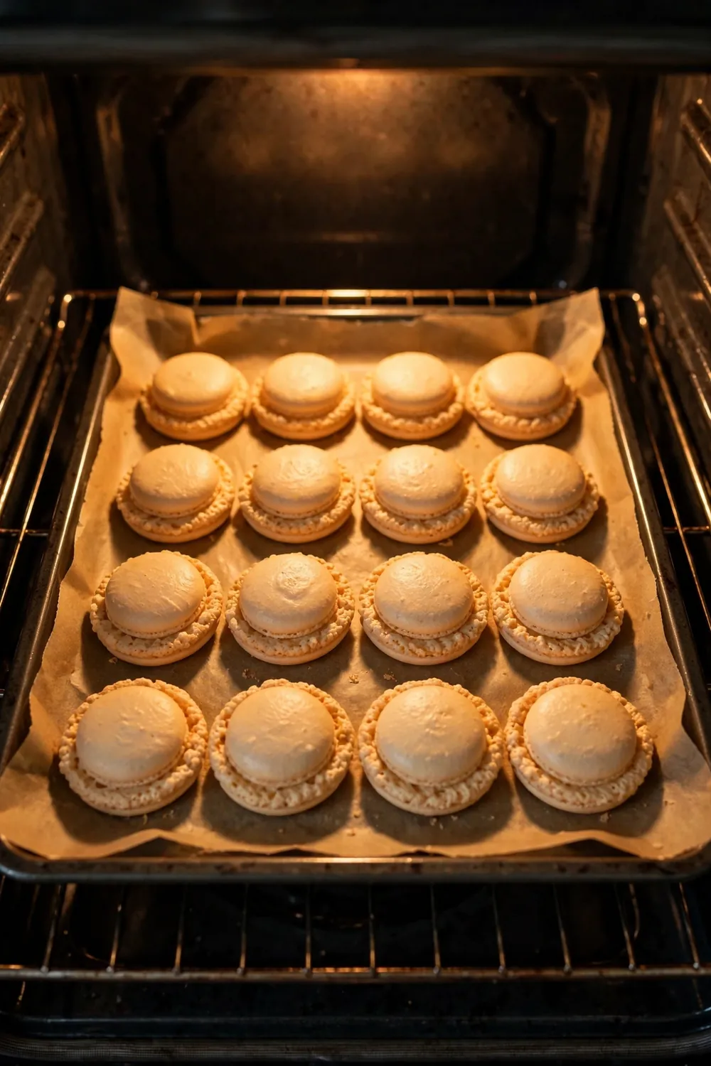 Macaron shells baking inside an oven on a light aluminum tray