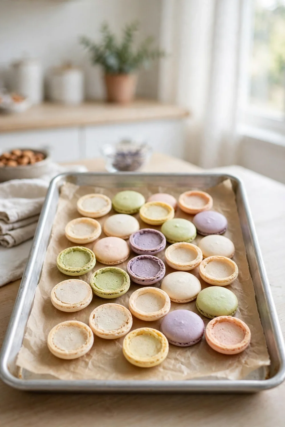 Light aluminum baking sheet with parchment paper and piped macaron shells