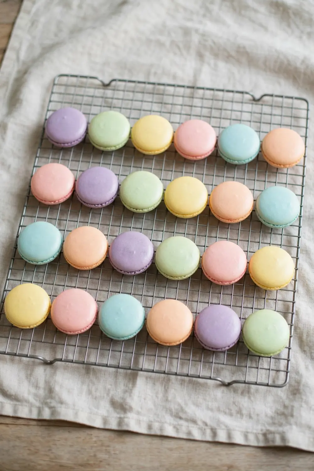Baked macaron shells cooling on a tray set on a wire rack