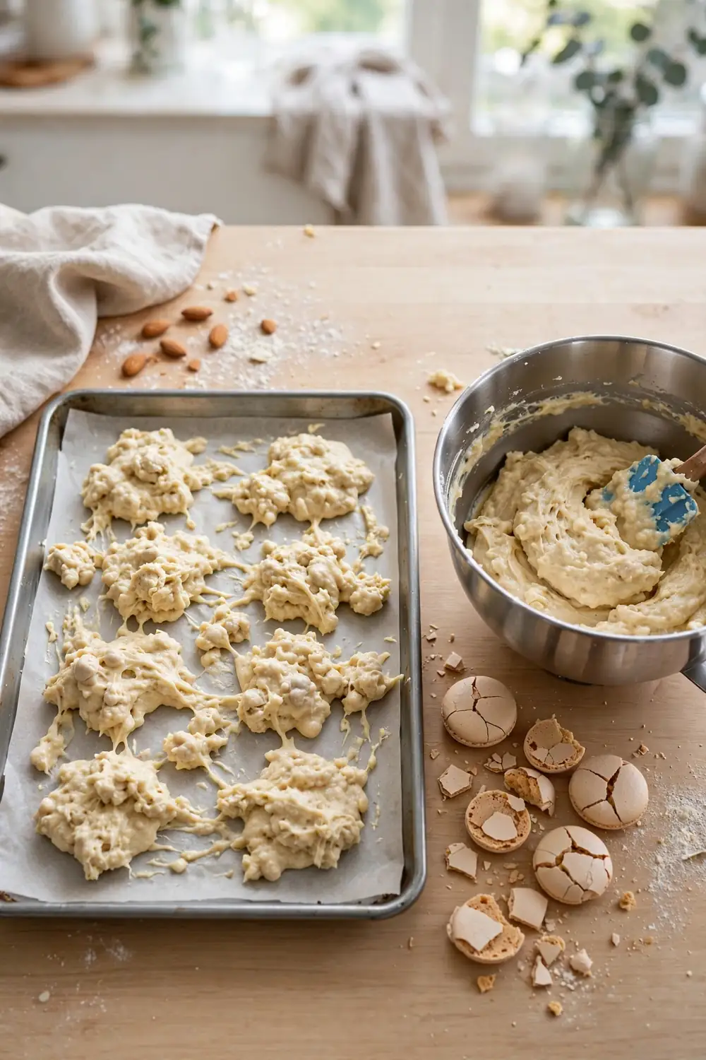 Tray of uneven macaron shells beside a whisk and bowls on a counter