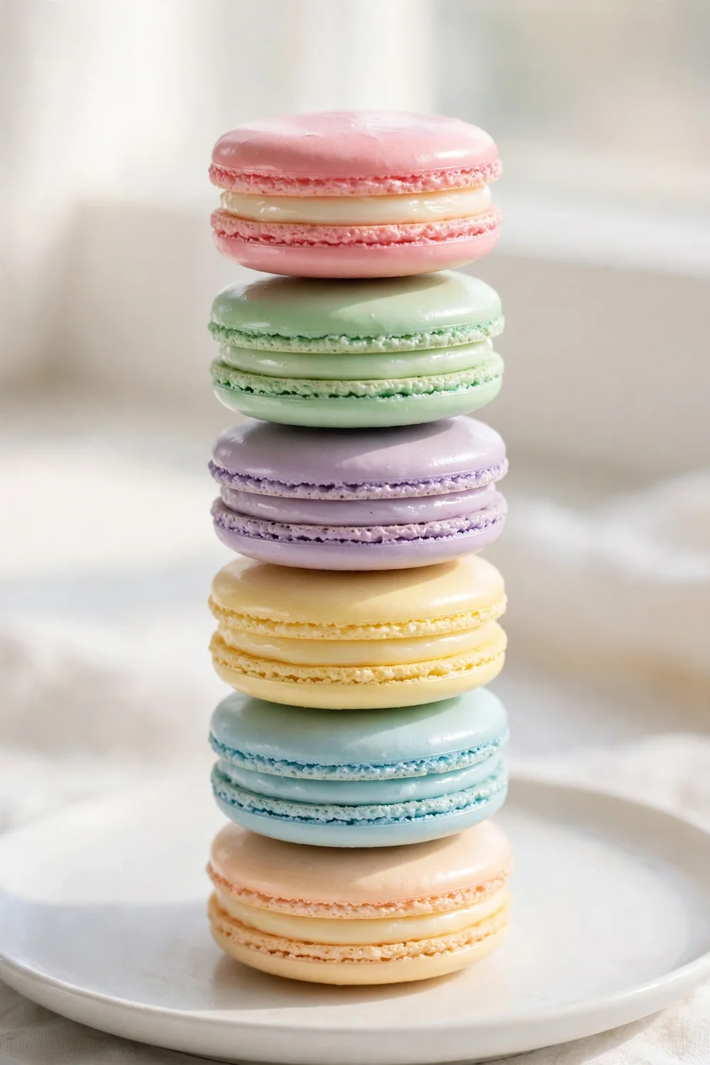 Smooth macaron shells with neat feet filled with pale cream on a white plate