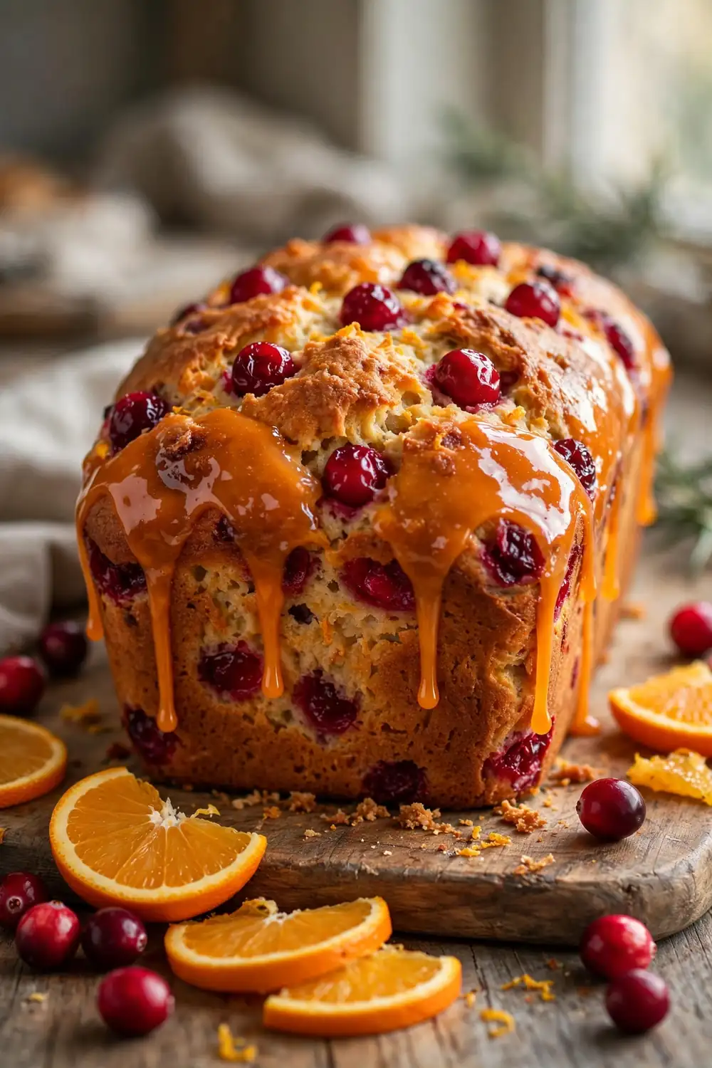 Glazed cranberry orange loaf with cranberries and orange slices on a wooden board