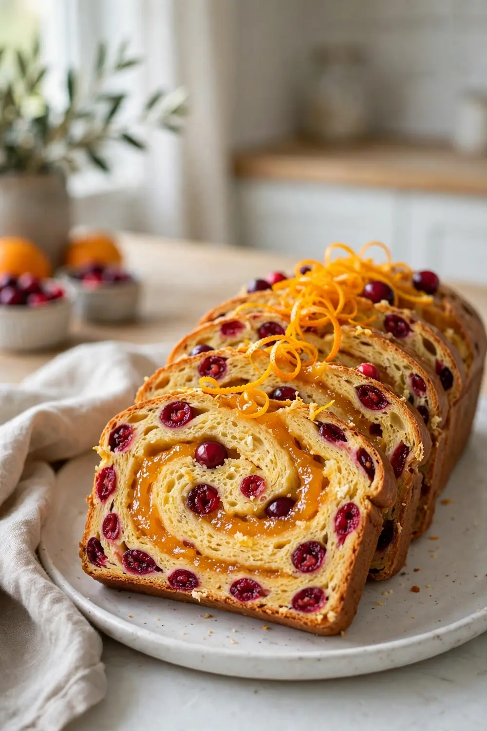 Sliced cranberry orange loaf with marmalade swirl and orange zest curls