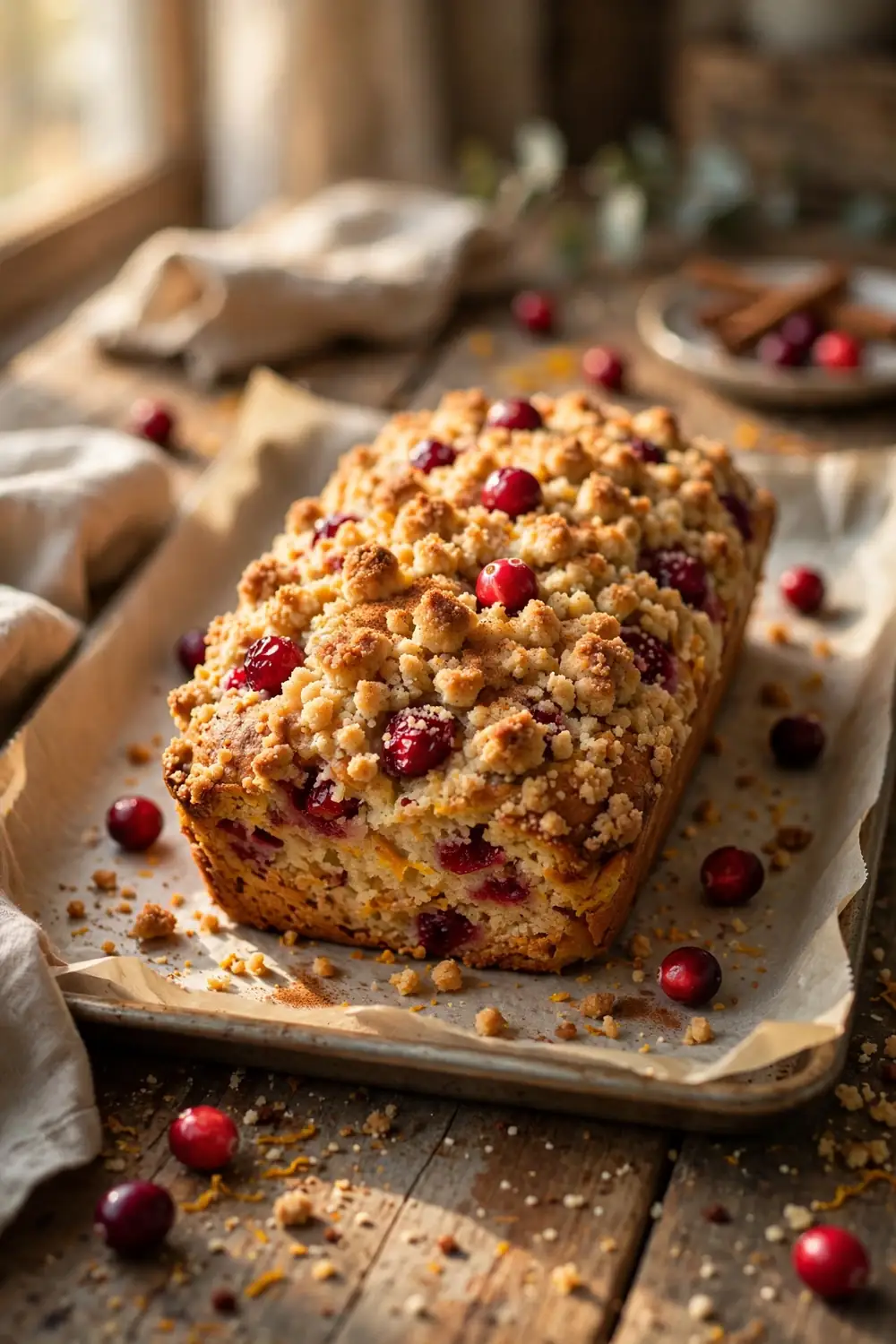 Cranberry orange loaf with golden streusel crumb topping on a tray