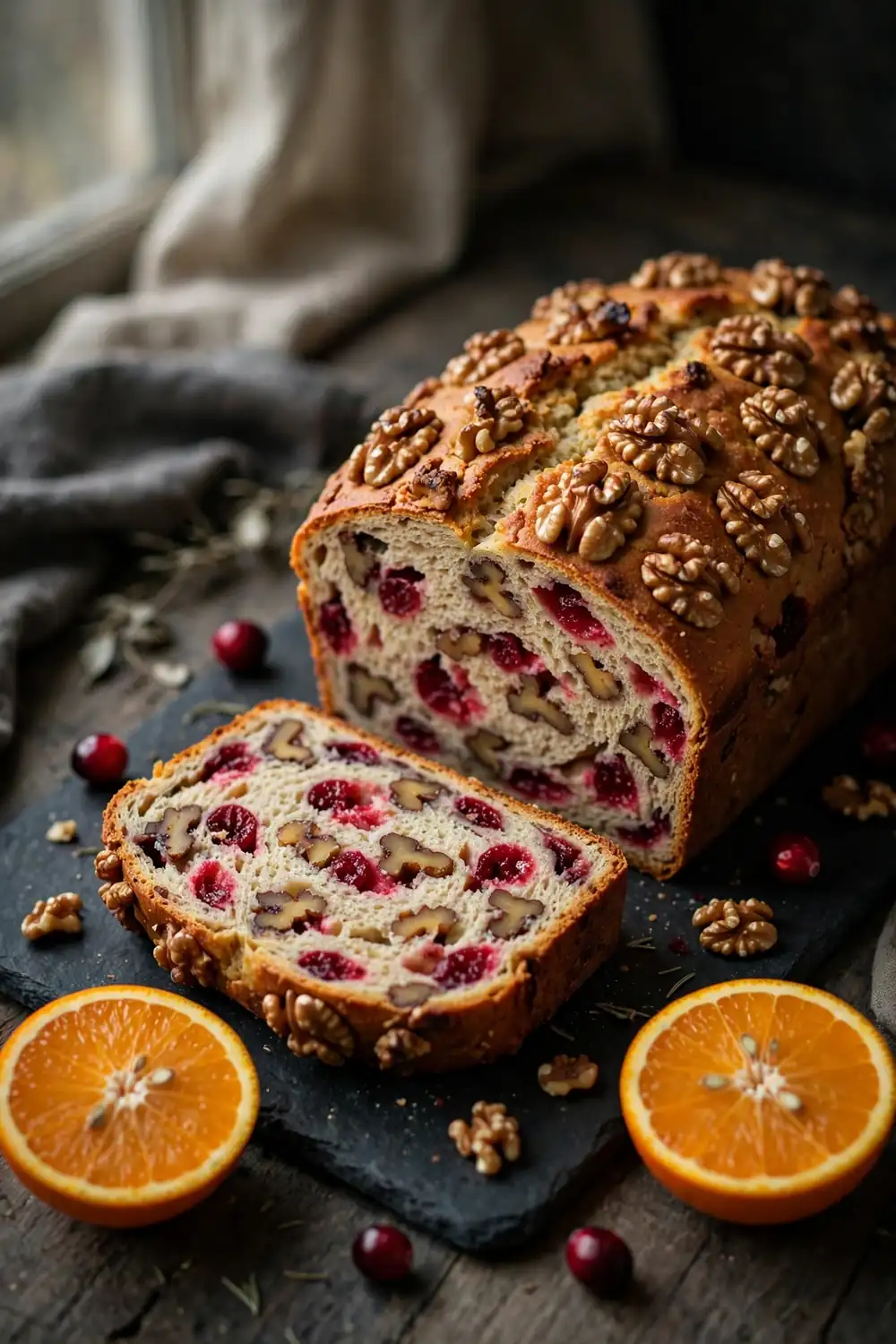 Cranberry orange loaf with toasted walnuts and a cut slice on slate