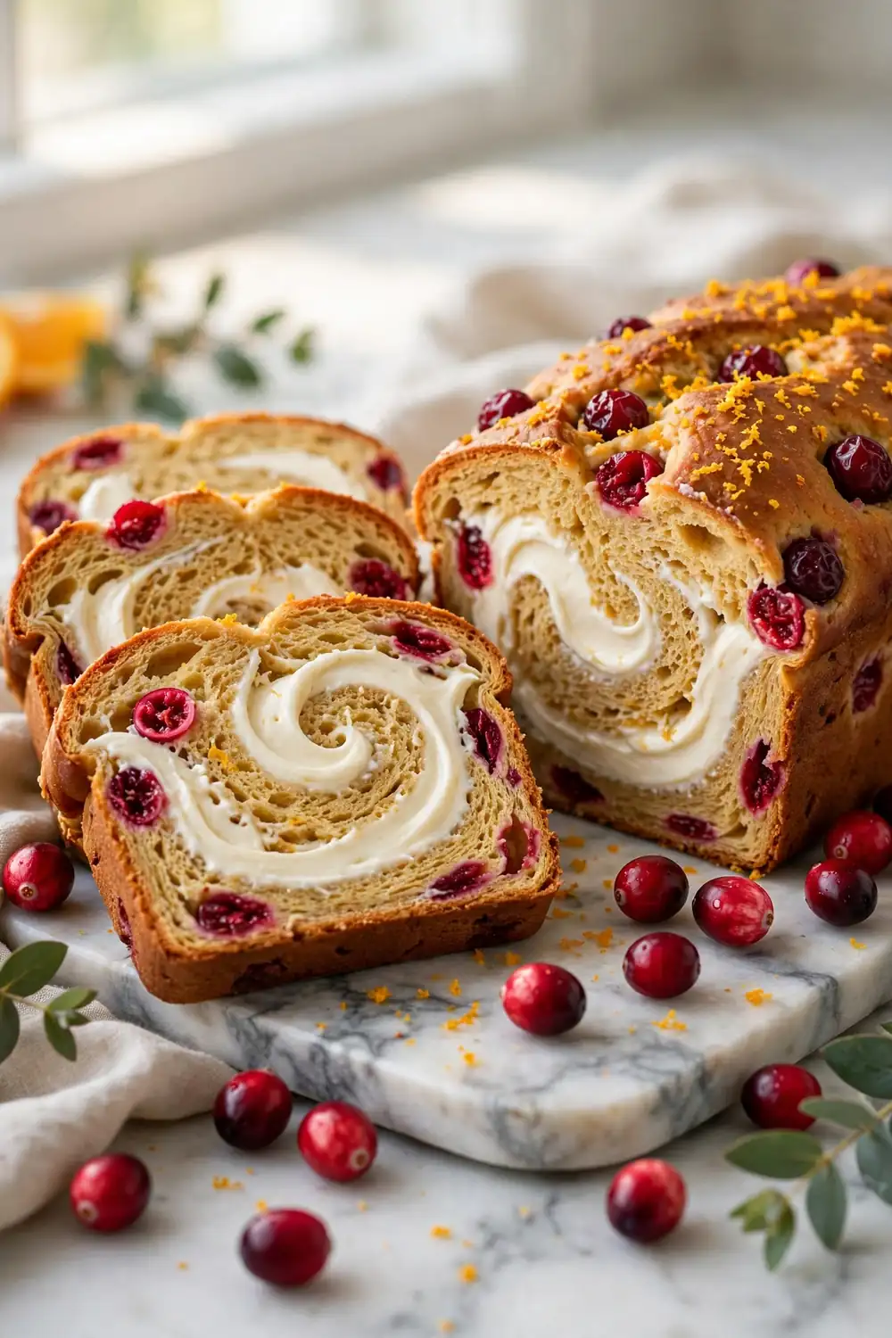 Sliced cranberry orange loaf with cream cheese ribbon swirl