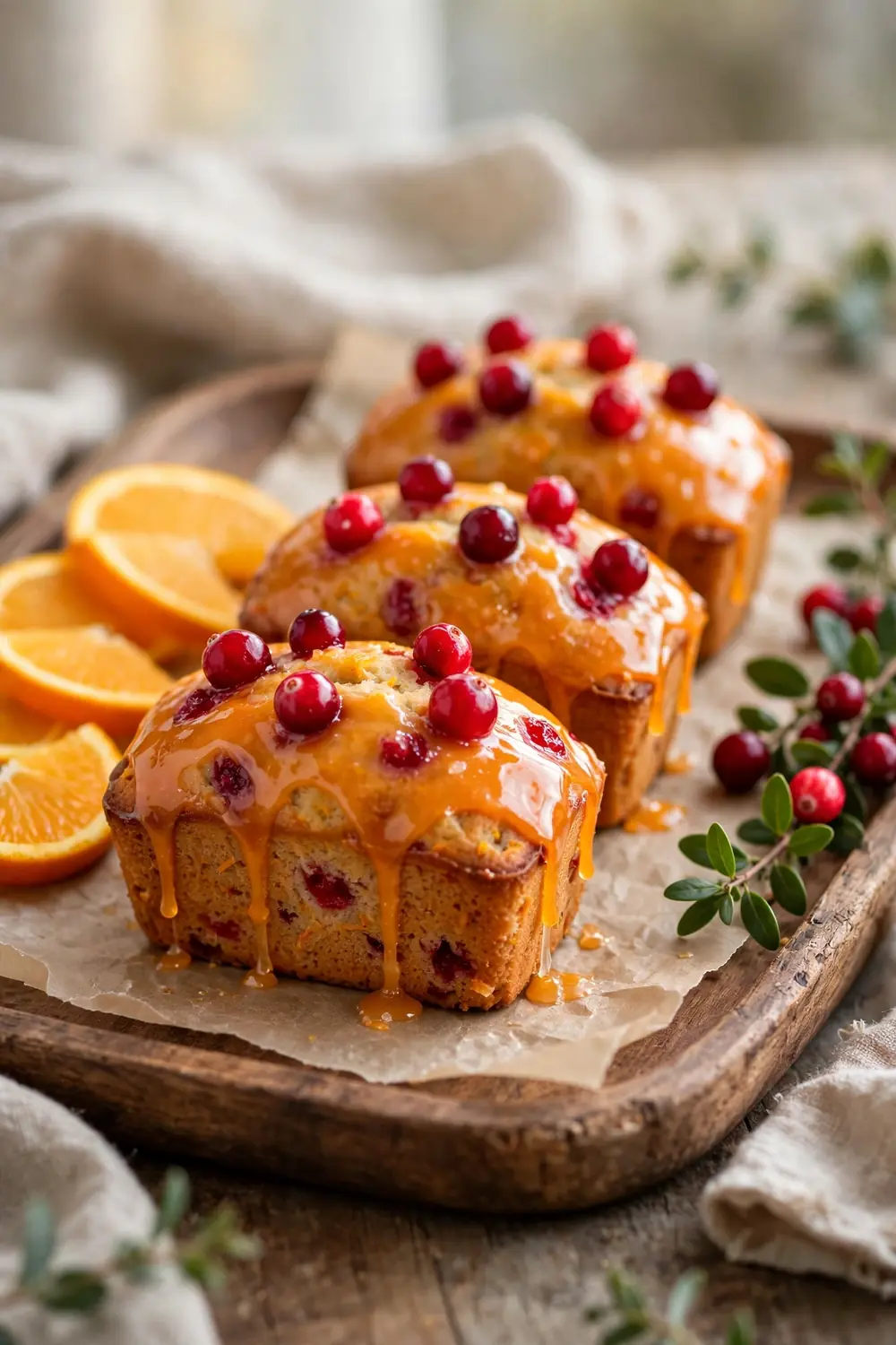 Three glazed cranberry orange mini loaves with cranberries on a tray