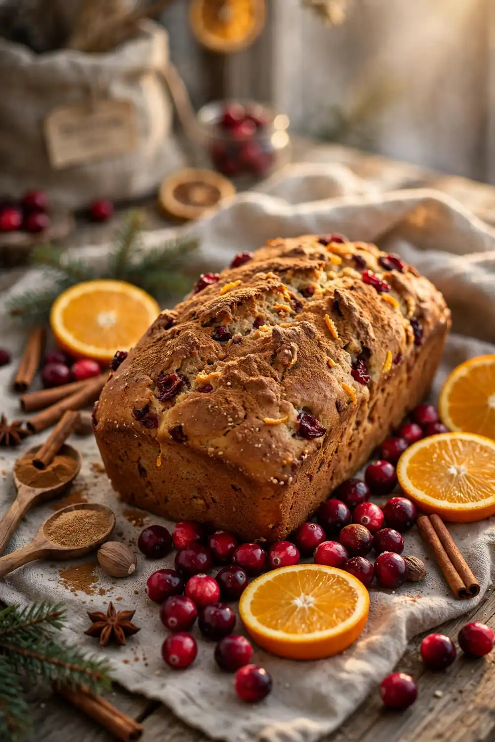 Spiced cranberry orange loaf with cinnamon, cranberries and orange slices