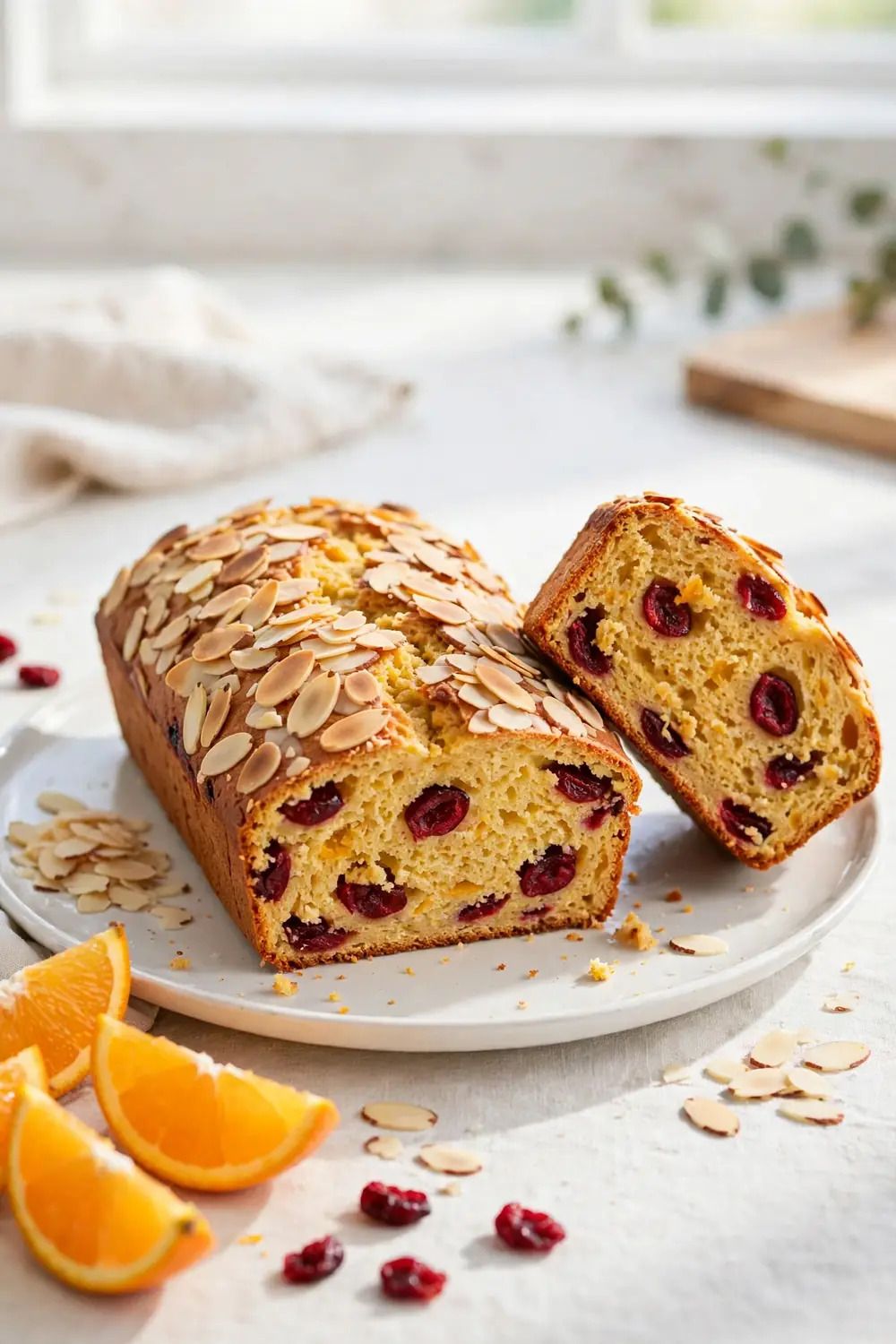Cranberry orange loaf topped with toasted sliced almonds