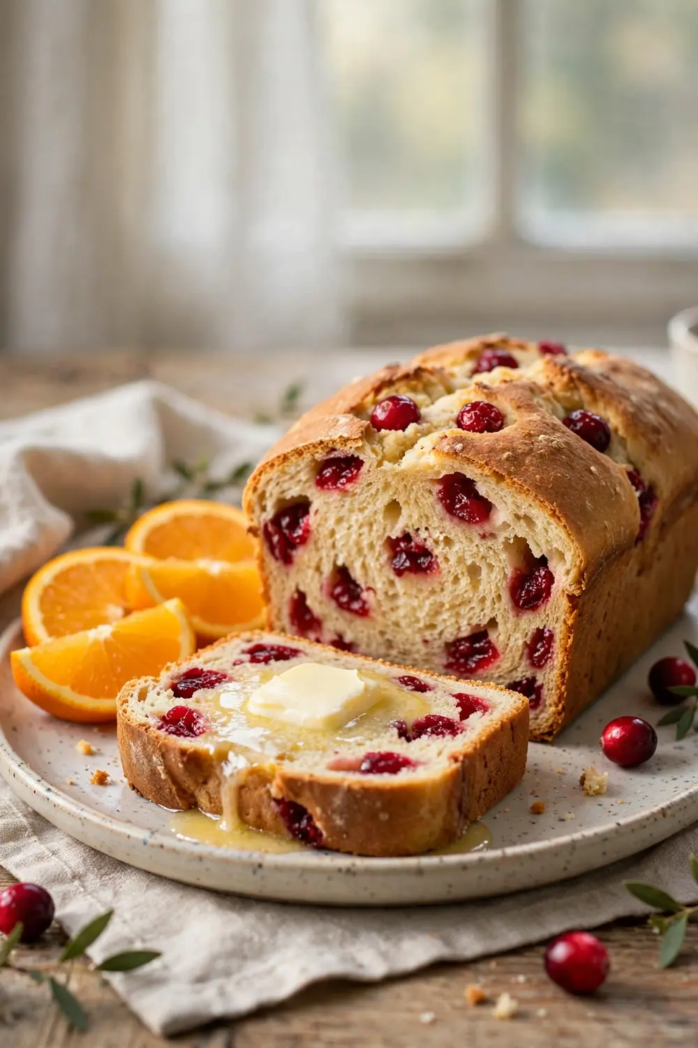 Buttered slice of cranberry orange loaf with orange slices on a plate