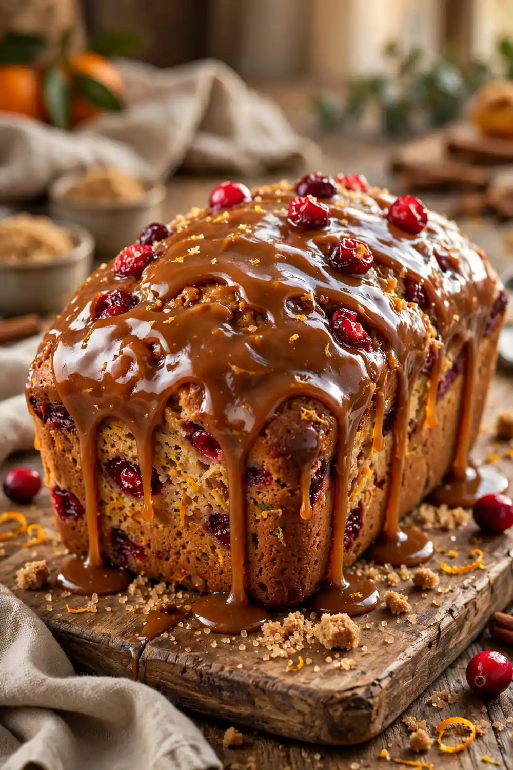 Cranberry orange loaf with thick caramel brown sugar glaze